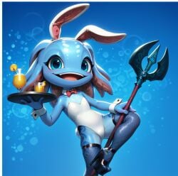 ai_generated bowtie_collar bunny_ears bunnysuit fishnets fizz_(lol) high_heels league_of_legends tray trident wrist_cuffs yordle