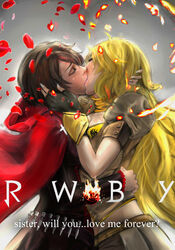 2girls black_hair blonde_hair cape cleavage closed_eyes clothes color female female_only half_siblings hood human incest kissing long_hair multiple_females poster rose_petals ruby_rose rwby sachiel_(artist) short_hair side_view sisters symmetrical_docking yang_xiao_long yuri