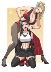 abs belly belly_button black_hair blonde_female blonde_hair breasts catfight cirenk defeated defeated_heroine final_fantasy final_fantasy_vii finger_in_mouth hair hair_pulling hairpull huge_breasts humiliated humiliating humiliation kneeling milf older_female scarlet_(ffvii) thick_thighs thighs tifa_lockhart younger_female