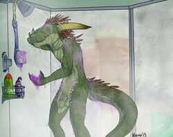 2013 anthro argonian balls bathroom bottle brush closed_eyes english_text green_nose happy horn inside lizard male male_only naoma-hiru nude penis raised_arm reptile room scalie shampoo sharp_teeth shower smile solo standing teeth text the_elder_scrolls video_games water wet