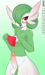 1boy 2013 4_fingers :o anthro balls blush crossdressing drakeraynier erection femboy fist gardevoir green_background looking_at_viewer male male_gardevoir male_only male_pokemon navel nintendo nipples nude pecs penis pink_penis plain_background pokemon pokemon_(species) pokemon_rse raised_arm red_eyes solo solo_male standing testicles tongue video_games white_background white_eyes white_penis