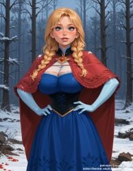 ai_generated anna_(frozen) artist_name bangs blonde_hair blue_dress blue_eyes blush braid breasts cape capelet cleavage closed_mouth clothing cowboy_shot day disney disney_princess dress elbow_gloves elsa_(frozen) female female female_only forest frozen_(film) frozen_2 gloves grass hands_on_hips jousneystudio large_breasts lips long_hair looking_at_viewer nature outdoors parted_lips patreon_username red_cape red_capelet sky smile snow snowing solo standing tied_hair tree twin_braids web_address white_gloves winter