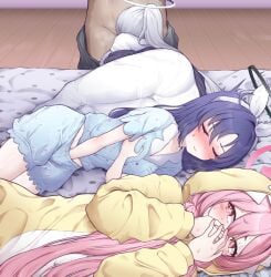 +_+ 1boy 3girls absurdres black_halo blue_archive blue_shorts closed_eyes cosplay covering_own_mouth female_masturbation grabbing_own_breast hairband halo highres implied_fellatio kigurumi koyuki_(blue_archive) koyuki_(pajamas)_(blue_archive) long_hair long_sleeves lying masturbation multiple_girls noa_(blue_archive) noa_(pajamas)_(blue_archive) on_side pajamas pink_eyes pink_hair pink_halo ponytail purple_hair rla13753 shorts straight white_hair white_hairband white_halo white_pajamas young yuuka_(blue_archive) yuuka_(pajamas)_(blue_archive)