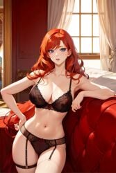 ai_generated black_lingerie blue_eyes cleavage lingerie red_hair slutty_clothing whores