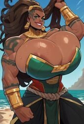 ai_generated areola_slip big_breasts civitai evilxam female gigantic_breasts huge_ass human illaoi league_of_legends looking_at_viewer muscular muscular_female sweat sweaty video_games