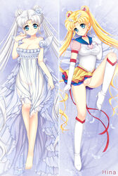 2girls barefoot bishoujo_senshi_sailor_moon blonde_hair blue_eyes blush boots breasts choker cleavage clothing crescent dakimakura double_bun dress dress_lift elbow_gloves eternal_sailor_moon facial_mark female female_only forehead_mark gloves hair_ornament heart hina_(dakemakura) jewelry knee_boots large_breasts leg_lift long_hair lying magical_girl multiple_girls no_panties on_back pleated_skirt pussy queen_serenity ribbon sailor_collar sailor_moon see-through see-through_clothing sheer silver_hair skirt small_breasts smile text tied_hair twintails usagi_tsukino very_long_hair white_boots white_gloves wings