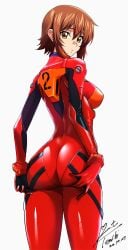 :o artist_signature ass ass_cleavage ass_grab asuka_langley_sohryu_(cosplay) brown_eyes brown_hair grand_blue kotegawa_chisa looking_back plugsuit short_hair tenchi_24 tight_clothing