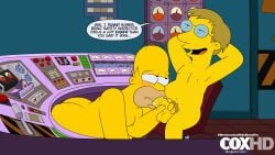 2boys balls beard blargsnarf blowjob charlie_(snpp) charlie_(the_simpsons) gay homer_simpson male male_only male_pubic_hair nipples on_model penis saliva the_simpsons yellow_skin