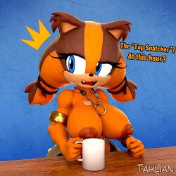 1girls 3d anthro areolae badger big_breasts blue_eyes breasts busty dialogue female female_only huge_breasts large_breasts mug nipples png solo sonic_(series) sonic_boom sonic_the_hedgehog_(series) sticks_the_badger tahlian text thick_thighs topless wide_hips