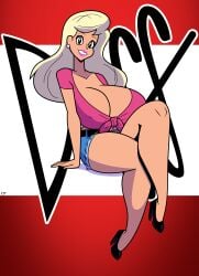 1girls alternate_color alternate_skin_color artist_signature belly_button belt belt_buckle big_breasts blonde_female blonde_hair blonde_hair breasts cel_shading cleavage clothing daisy_dukes duff_beer ear_piercing eyelashes female female_only glossy_eyed heels high_heels huge_breasts knotted_shirt legs_crossed light_body light_skin lipstick long_hair makeup midriff navel pink_lipstick pink_shirt platinum_blonde_hair rustysh4ckl3ford simple_background sitting smile smiling solo text the_simpsons thick_thighs titania_(the_simpsons)