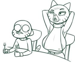 1boy 1girls 2025 5_fingers age_difference anthro areola areola_slip areolae areolae_slip arms_bent bare_shoulders belt big_areola big_areolae big_breasts big_eyes biped black_and_white bodily_fluids breasts cartoon_network chair clothed clothed_anthro clothed_female clothed_male clothing cross-popping_vein cutlery dark_areola dark_eyelids digital_drawing_(artwork) digital_media_(artwork) dinner_table domestic_cat duo ears_down elderly elderly_anthro elderly_female erect_nipples erect_tail eyebrows eyelashes felid feline felis female fingers fork fully_clothed fully_clothed_anthro fully_clothed_female furniture gilf grandchild grandmother grandmother_and_grandchild grandmother_and_grandson grandparent grandparent_and_grandchild grandson granny gumball_watterson hands_behind_head holding_fork holding_knife holding_object holding_tool holding_utensil huge_areola huge_areolae huge_breasts humanoid_hands ineffective_clothing iris kitchen_utensils knife larger_female looking_at_another looking_at_another's_breasts looking_at_breasts looking_down looking_down_at_breasts male male/female mammal markings mary_senicourt mature mature_anthro mature_female mature_woman monochrome motion_lines motion_outline mouth_closed nipple_outline nipples no_pupils old old_woman older_female on_chair one_eye_closed open_mouth pivoted_ears pointy_ears prick_ears redout round_eyes round_head sitting sitting_on_chair size_difference skimpy skimpy_clothes sleeveless sleeveless_sweater sleeveless_topwear smaller_male snout sweat sweatdrop sweater table tail the_amazing_world_of_gumball three-quarter_view tongue tools topwear turtleneck vein veiny_breasts whisker_markings wide_eyed younger_male