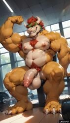 1boy ai_generated anthro balls belly big_muscles big_nipples big_penis bowser collar daddy eyebrows foreskin furry furry_male gym horns koopa looking_at_viewer male male_only mario_(series) muscles muscular muscular_anthro muscular_male navel nintendo nipples nude nudity penis precum red_hair seductive solo spiked_collar testicles thick_eyebrows yellow_body