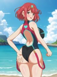 1girls 2d big_ass big_breasts breasts busty cleavage female female_focus female_only feminine flagman_11_(artist) from_behind hata_(pixiv10403940) looking_at_viewer looking_back looking_back_at_viewer nintendo pyra red_hair short_hair showing_ass showing_off solo swimsuit xenoblade_(series) xenoblade_chronicles_2