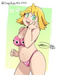 absurd_res amitie big_breasts bikini bikini_bottom bikini_top blonde_hair chubby chubby_female drivojunior green_eyes happy hi_res pink_bikini pink_bikini_bottom pink_bikini_top puyo_puyo puyo_puyo_fever slightly_chubby_female smile swimsuit swimwear white_border