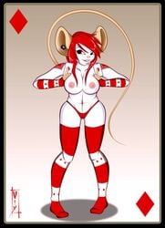 ace_of_diamonds anthro big_breasts breasts card_game cute female fur furry llmixll looking_at_viewer mouse nipples playing_card presenting_breasts pressing_breasts_together red_hair rodent stockings tattoo topless