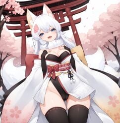 1girls ai_generated blue_eyes cameltoe chappycherri cherry_blossoms female fox fox_ears fox_girl fox_tail kimono koicorp leotard shrine_maiden thick_thighs virtual_youtuber vtuber white_hair