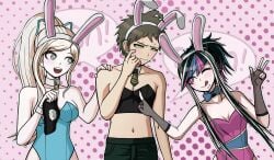 1boy 2girls big_breasts black_hair blonde_hair blue_hair brown_hair bunny_boy bunny_costume bunny_ear bunny_ears bunny_girl bunny_tail bunnysuit danganronpa danganronpa_2:_goodbye_despair embarrassed embarrassed_male hinata_hajime horns licking_lips long_hair middinos mioda_ibuki pink_hair short_hair sonia_nevermind tagme thick_hips thick_thighs thighhighs thighs three_tone_hair tongue_out