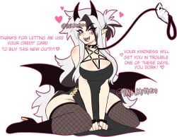andiemations black_dress boots demon_girl fangs fishnets horns inkkitten leash pink_eyes pointy_ears ponytail spiked_collar thighs two_tone_hair