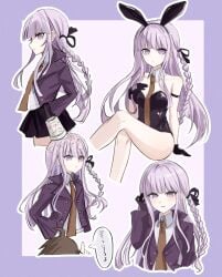 1boy 1girls artist_request bunny_costume bunny_ear bunny_ears bunny_girl bunny_tail bunnysuit danganronpa female_only food food_in_mouth food_on_head kirigiri_kyouko lavender_eyes lavender_hair long_hair naegi_makoto noodles sole_female tagme thick_hips thick_thighs thighhighs thighs