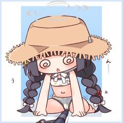 :< @_@ bare_arms bare_shoulders barefoot bikini black_hair blue_archive blue_background blue_border blush border bow braid brown_hat cameltoe chibi crotch_rub facing_viewer female full_body hairbow halo hana_kazari hat highres leaf_print low_twintails miyu_(blue_archive) miyu_(swimsuit)_(blue_archive) navel parted_lips print_bikini solo straw_hat swimsuit translation_request triangle_mouth twin_braids twintails white_bikini white_border white_bow young