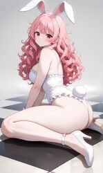 ai_generated bunny_costume bunny_ear bunny_ears bunny_girl bunny_tail bunnysuit checkered_floor curly_hair disheveled_hair frills long_hair messy_hair oc original_character pale-skinned_female pale_skin pink_hair pink_hair_female red_eye red_eyes red_eyes_female shiny_skin unkempt_hair wavy_hair white_bunny_ears white_bunnygirl_costume white_bunnysuit white_heels white_high_heels white_highlights white_skin