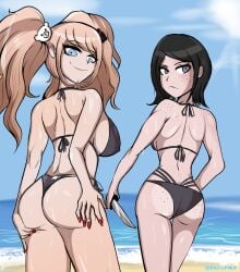 2girls alternate_version_available ass bare_arms bare_ass bare_back bare_breasts bare_legs bare_shoulders bare_thighs beach bear_hair_ornament bikini black_hair blonde_hair blue_eyes blue_sky closed_mouth completely_nude danganronpa danganronpa:_trigger_happy_havoc danganronpa_1 danganronpa_s:_ultimate_summer_camp enjayhey eyebrows eyelashes female female_focus female_only fingernail_polish fingernails freckles freckles_on_ass freckles_on_chest freckles_on_face freckles_on_shoulders from_behind frown grey_eyes gyaru holding_knife holding_object holding_weapon junko_enoshima knife large_ass large_breasts long_hair looking_at_viewer looking_back looking_down medium_breasts mukuro_ikusaba nail_polish ocean outdoors public red_nails sand siblings sisters sky smile smiling smiling_at_viewer twins twintails water water_drop wet wet_body wet_skin