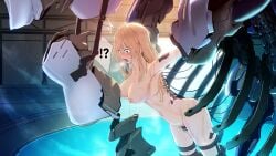 !? blonde_hair blue_eyes breasts cent_u commentary_request completely_nude female highres large_breasts liquid long_hair machinery mechanical_spine nipples nude open_mouth original restrained solo stationary_restraints translation_request wet