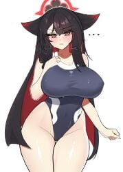 ... animal_ears black_hair black_one-piece_swimsuit blue_archive breasts closed_mouth colored_inner_hair covered_navel cowboy_shot female fox_ears fox_girl halo hand_on_own_chest highres large_breasts long_hair looking_at_viewer multicolored_hair one-piece_swimsuit red_hair red_halo seven_prisoners_(blue_archive) simple_background snya_ko solo swimsuit wakamo_(blue_archive) white_background yellow_eyes