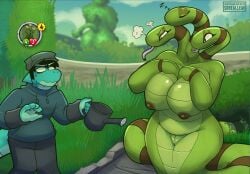 1boy 1girls 3_heads anthro anthrofied ass breasts breasts female flora_fauna plant plant_girl plant_humanoid plantie plants_vs._zombies plants_vs_zombies popcap_games pussy snake snake_girl srrealleaf