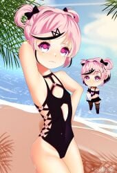 1girls armpits beach black_bow black_highlights black_one-piece_swimsuit chibi_inset chin_length_hair closed_mouth crossed_hair-clip doki_doki_literature_club female female_only gothified heart-shaped_pupils natsuki_(doki_doki_literature_club) neutral_expression ocean open_eyes pink_hair pink_mascara posing scribblysuki shaved_armpit shaved_armpits short_hair solo twintails