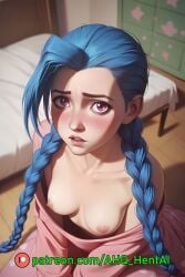 1girls ahq_hentai ai_generated arcane arcane_jinx blue_hair blush breasts exposed_breasts jinx_(league_of_legends) league_of_legends nipples nsfw pajamas pink_eyes shy solo_female stable_diffusion