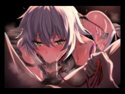 1boy absurdres all_fours ass bare_shoulders black_panties black_sports_bra black_thighhighs blurry breasts censored collar condom depth_of_field erection fate/apocrypha fate_(series) fellatio female green_eyes hair_between_eyes highres jack_the_ripper_(fate/apocrypha) leash looking_at_viewer male_pubic_hair motion_blur oral panties penis pov pubic_hair sex_toy short_hair shoulder_tattoo small_breasts sports_bra spread_legs straight sunken_cheeks sweat tattoo thighhighs thighs ulrich_(tagaragakuin) underwear used_condom vibrator vibrator_cord vibrator_in_thighhighs white_hair