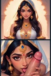 ai_generated armlet big_breasts bindi black_hair blowjob brown_eyes cleavage earrings forehead_jewel gold_jewelry indian indian_clothes indian_female jewelry light-skinned_female necklace oral oral_sex tongue tongue_out