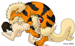 2004 anal anthro anthro_on_feral arcanine black_nose blue_eyes canine canine_penis claws doggy_style feral from_behind human interspecies irene_(artist) knot male male/male nintendo penis pokemon pokemon_(species) pokephilia saliva video_games zoophilia