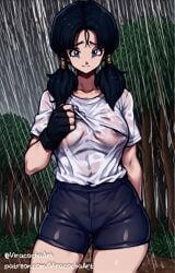 ai_assisted ai_generated dragon_ball dragon_ball_super dragon_ball_z shirt transparent transparent_clothing videl videl_(long_hair) videl_(majin_buu_saga) wet wet_body wet_clothes