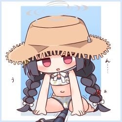 :> bare_arms bare_shoulders barefoot bikini black_hair blue_archive blue_background blue_border blush border bow braid brown_hat cameltoe chibi crotch_rub empty_eyes female full_body hairbow halo hana_kazari hat highres leaf_print low_twintails miyu_(blue_archive) miyu_(swimsuit)_(blue_archive) navel open_mouth print_bikini red_eyes solo straw_hat swimsuit translation_request triangle_mouth twin_braids twintails white_bikini white_border white_bow young