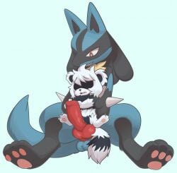 2022 animal_genitalia animal_penis anthro anthro_on_feral bloowolfy blue_background blue_body blue_fur bodily_fluids canine_genitalia canine_penis duo feral fur galarian_form galarian_zigzagoon gashamon_(artist) generation_4_pokemon generation_8_pokemon genital_fluids genitals hi_res knot lucario male nintendo penis pokemon pokemon_(species) precum regional_form_(pokemon) simple_background size_difference zoophilia