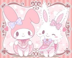 accessory anthro bow bow_accessory bunny chibi clothed clothed_female clothing cute dress_lift female female_focus female_only floral_print flower_pattern frilled_bow frilled_dress frilled_panties frilled_skirt frilled_sleeves frills full_body hairbow kawaii lagomorph leporid looking_at_viewer mammal mob_face my_melody onegai_my_melody pattern_clothing pink_background pink_clothing pink_dress pink_inner_ear pink_theme polka_dot polka_dot_inner_ear presenting presenting_panties punimofu rabbit sanrio smile smiling_at_viewer white_body wink wish_me_mell