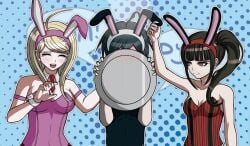 1boy 2girls akamatsu_kaede artist_request big_breasts big_breasts blonde_hair blue_hair brown_hair bunny_boy bunny_costume bunny_ear bunny_ears bunny_girl bunny_tail bunnyboy bunnysuit closed_eyes danganronpa danganronpa_v3 embarrassed embarrassed_male harukawa_maki long_hair red_hair saihara_shuuichi short_hair tagme thick_hips thick_thighs thighhighs thighs