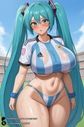 1girls ai_generated alternate_breast_size aqua_eyes aqua_hair argentinian_miku bangs bikini blue_sky blush breasts cowboy_shot curvy day hair_ornament huge_breasts long_hair looking_at_viewer navel open_mouth outdoors shiny shirt skindentation sky solo sportswear striped sweat swimsuit thick_thighs thighs twintails underboob undersized_clothes unjobdespiert very_long_hair vocaloid wide_hips wristband