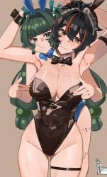 2girls absurdres alternate_costume android animal_ear_hairband animal_ears arm_strap armpits arms_up black_bow black_bowtie black_leotard blue_bow blue_bowtie blue_leotard blush bow bowtie breasts brown_background capkal detached_collar fake_animal_ears green_eyes green_hair hairband head_on_another's_shoulder highres large_breasts leotard long_hair metal_hairband multicolored_hair multiple_girls nipple_press nipple_stimulation playboy_bunny ponytail qingyi_(zenless_zone_zero) rabbit_ear_hairband rabbit_ears red_eyes red_hair robot_girl strapless strapless_leotard streaked_hair sweat thigh_strap yuri zenless_zone_zero zhu_yuan