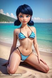 1girls ai_generated artist_name ass_visible_through_thighs bare_arms bare_shoulders beach bikini black_hair blue_bikini blue_eyes blue_hair blue_sky blurry blurry_background body_freckles breasts cloud collarbone day disney disney_channel freckles full_body halterneck hand_on_own_thigh hi_res highleg highleg_bikini horizon kneeling ladybug_(character) lips looking_at_viewer low_twintails marinette_cheng marinette_dupain-cheng medium_breasts miraculous:_tales_of_ladybug_and_cat_noir miraculous_ladybug mole mole_on_thigh navel nose o-ring ocean outdoors patreon_username progenarts realistic sand shadow shell short_hair short_twintails side-tie_bikini_bottom sky solo stomach string_bikini striped_bikini striped_clothes swept_bangs swimsuit twintails underboob water watermark web_address