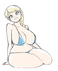 1girls aurora_(zero_one) belly_button bikini blonde_hair blue_eyes chubby chubby_female cleavage commissioner_upload french_braid huge_breasts mfus pale-skinned_female pale_skin sideboob sitting smiling smiling_at_viewer thick_thighs wide_hips