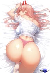 1girls ai_generated bare_legs bare_shoulders bed bedroom big_ass big_butt chainsaw_man color female female_focus female_only from_above from_behind horn huge_ass huge_butt large_ass large_butt long_hair looking_back panties pink_hair pink_panties power_(chainsaw_man) priestofart socks solo solo_female solo_focus tagme tagme_(artist) tagme_(character) thong watermark yellow_eyes