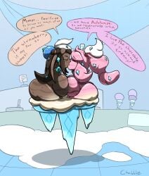 2girls chabble chocolate english_text female female_only fusion girls_kissing ice ice_cream lesbian_kiss multiple_girls nessa_(pokemon) pokemon pokemon_(species) sonia_(pokemon) strawberry talking text transformation vanilla vanilluxe