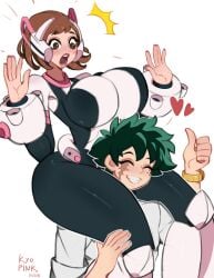 1boy 1boy1girl 1girls big_breasts blush breasts curvaceous curvy curvy_figure deku hero_outfit_(mha) izuku_midoriya kyopink my_hero_academia ochako_uraraka post-timeskip shounen_jump thick_thighs thumbs_up