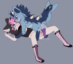 2022 alternative_fashion animal_humanoid anthro balls barbed_humanoid_penis black_hair bloowolfy blue_body blue_fur boots clothing duo eeveelution femboy feral footwear fur generation_1_pokemon genitals goth grey_background hair hi_res humanoid humanoid_genitalia humanoid_on_feral humanoid_penis hybrid_genitalia hybrid_penis hybrid_pokemon knot lying male male/male nintendo on_back penile_spines penis pokemon pokemon_(species) shoes simple_background smile thin_calves thin_legs thin_thighs vaporeon zoophilia