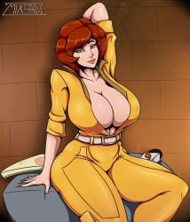 1girls april_o'neil april_o'neil_(tmnt_1987) arm_behind_head arm_support belt big_breasts breasts brown_hair cleavage clothing enormous_breasts female female_only green_eyes huge_breasts human human_only large_breasts light-skinned_female light_skin looking_at_viewer mature mature_female mature_woman microphone mxn news_reporter pizza_box seductive seductive_smile short_hair smile solo solo_female solo_focus teenage_mutant_ninja_turtles tmnt_1987 voluptuous voluptuous_female yellow_jumpsuit