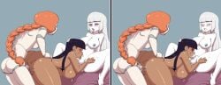 1girls 2futas alice_(marisfaraway) anal anal_sex android ass blowjob blush cum_in_ass cumming cumming_in_mouth cumming_while_penetrating darkeros13 earings fellatio female from_behind futa_on_female futanari ghost hand_on_head hanging_breasts huge_breasts human large_ass legs_spread long_hair mara_(marisfaraway) mayonaka_(sariken) nipple_piercing robot robot_girl spitroast tongue_out