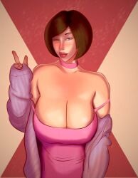 2d big_breasts blush brown_hair cardigan choker dress large_breasts mature_female milf original_character peace_sign pink_dress purple_eyes red_lipstick short_hair simple_background straps tight_clothing wink